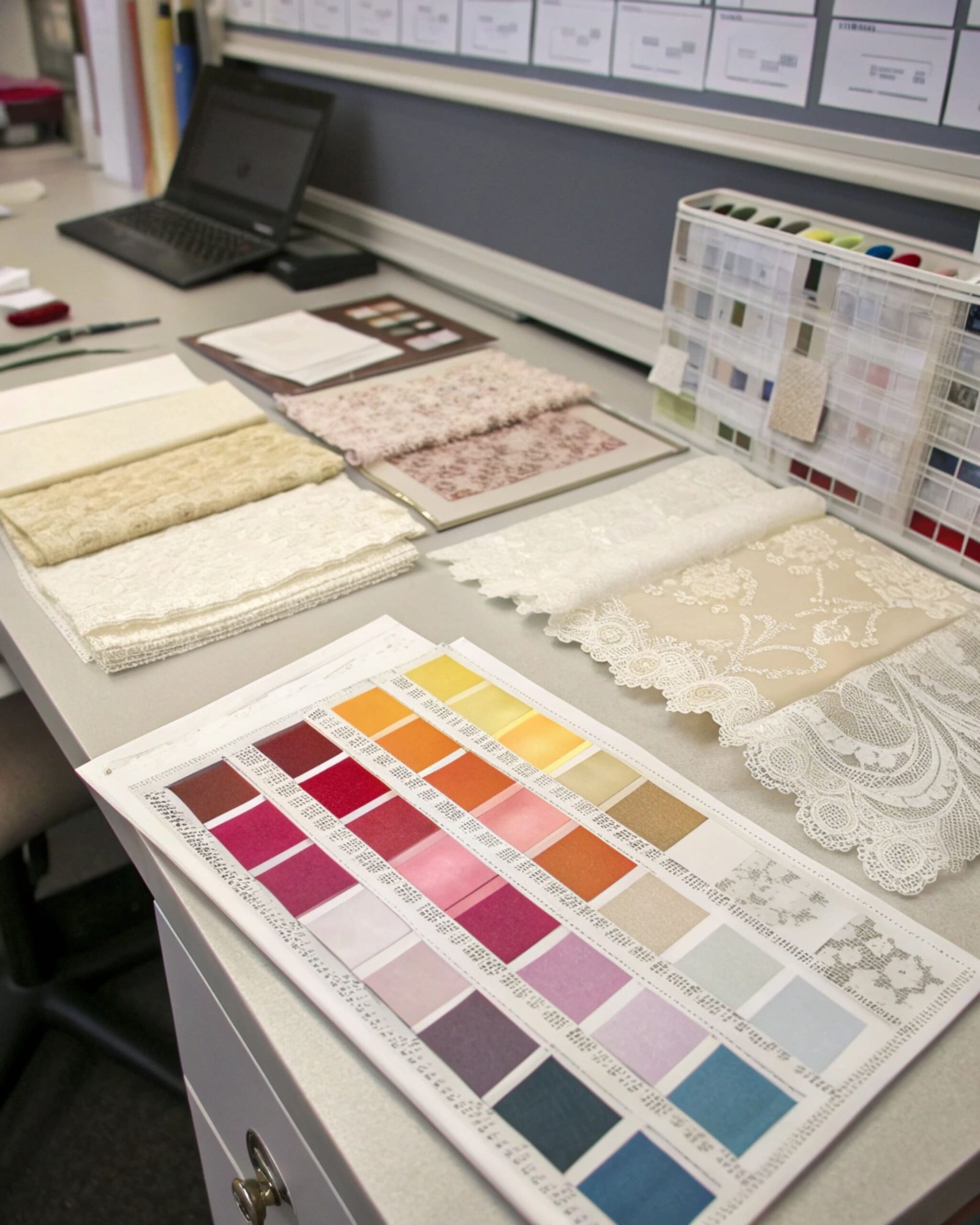 Premium French lace and silk satin fabric swatches