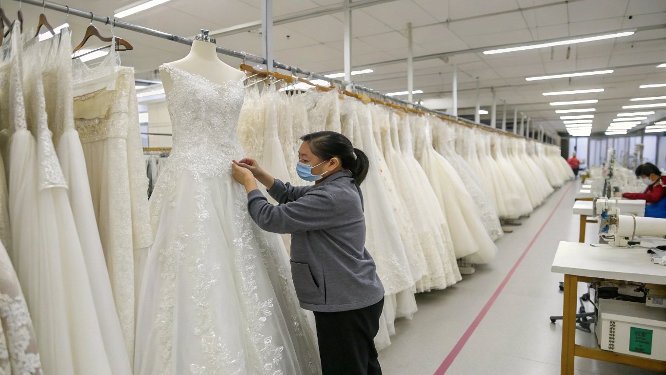 Quality control inspection of wedding dresses in manufacturing facility