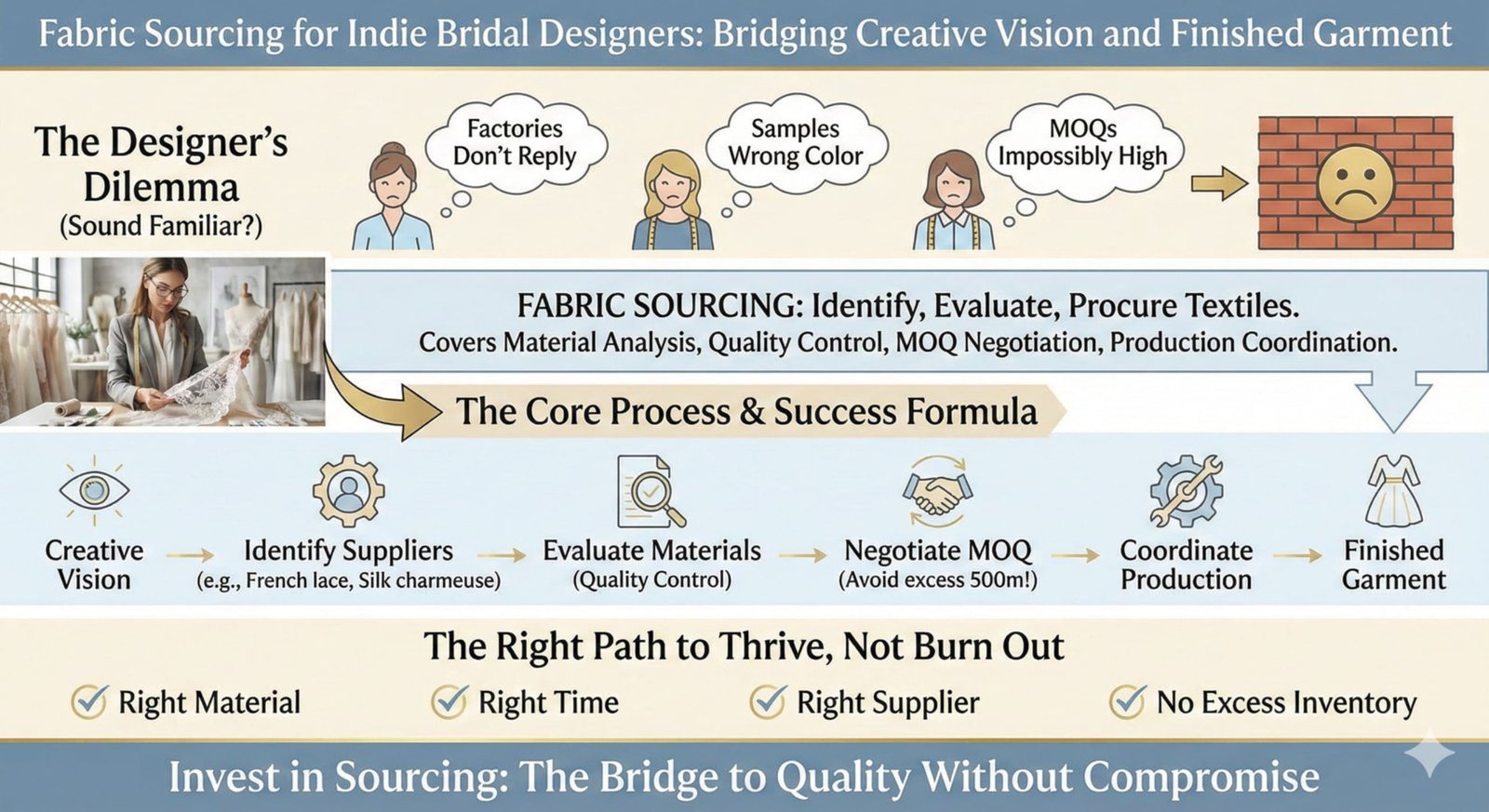 Fabric sourcing agent reviewing lace samples Fabric sourcing process for wedding dress designers