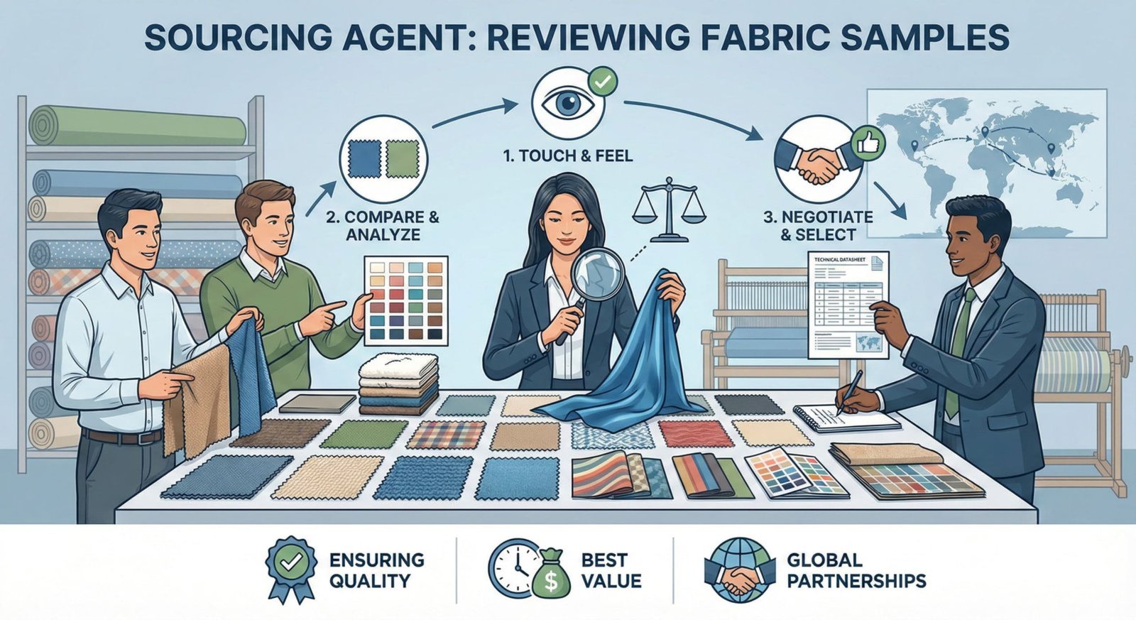 Sourcing agent reviewing fabric samples with suppliers