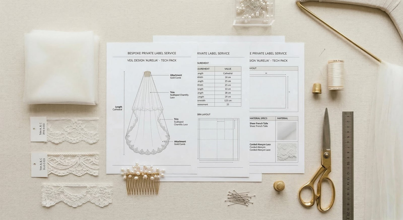 Bridal veil collection showing lace-edge, fingertip, and cathedral styles with comb options