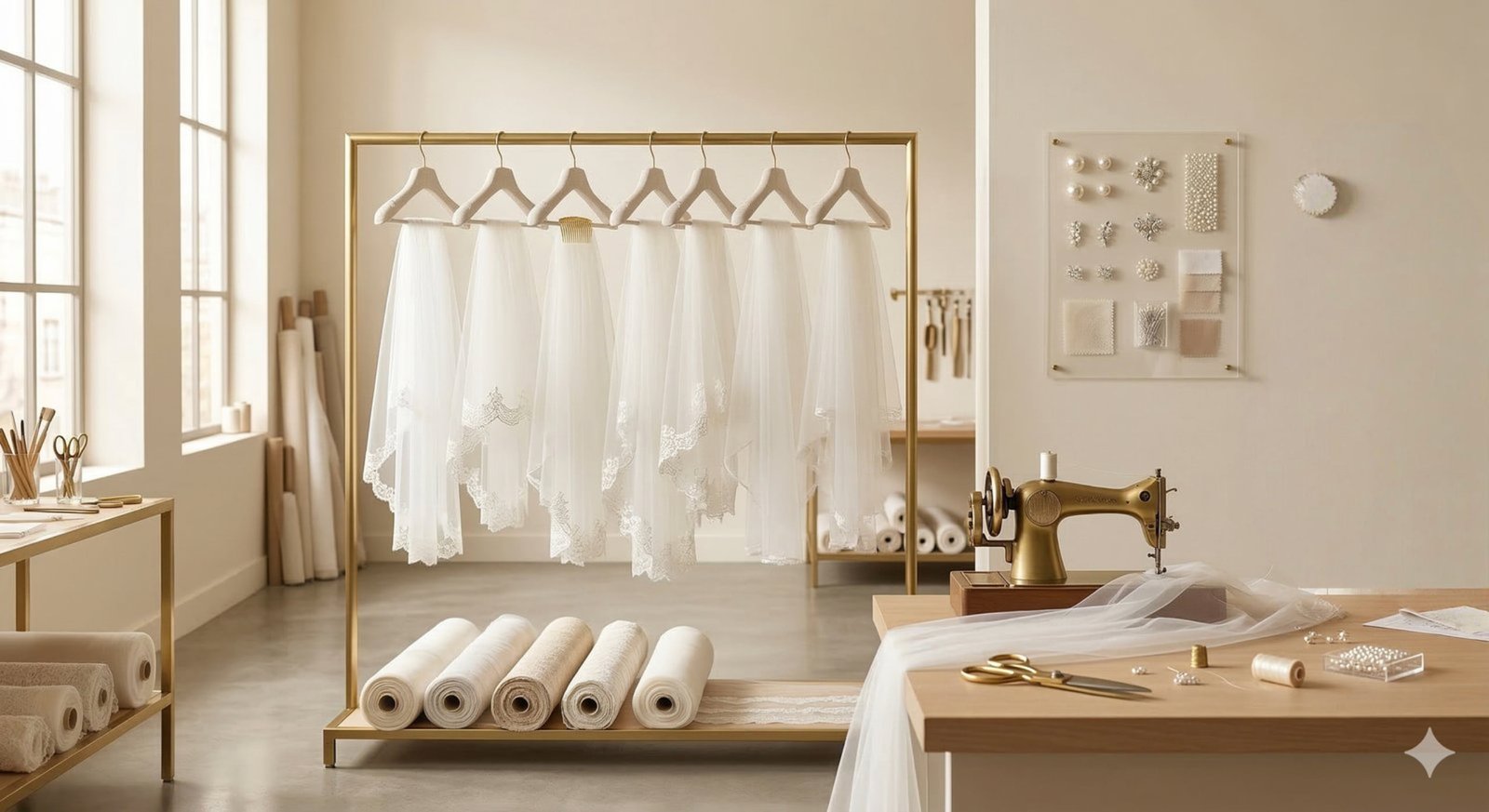 Delicate cathedral bridal veil with hand-appliqued lace edge detail