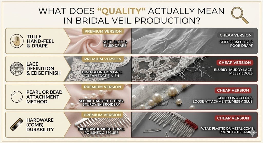 bridal veil quality comparison tulle lace pearls combs