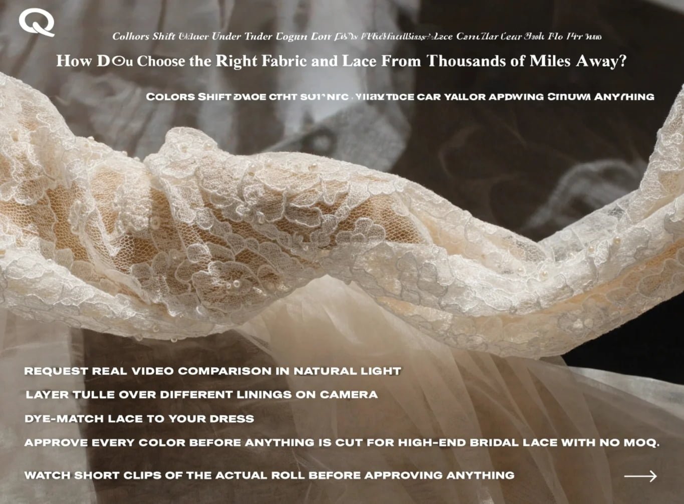 Fabric sourcing agent sending bridal lace and tulle video samples for remote designer approval
