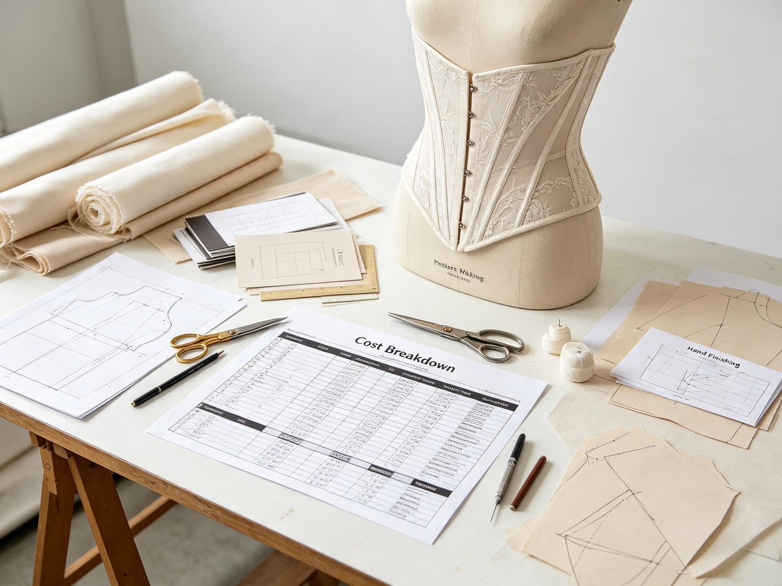 Bridal sample development cost breakdown fabric sourcing pattern making corsetry hand finishing