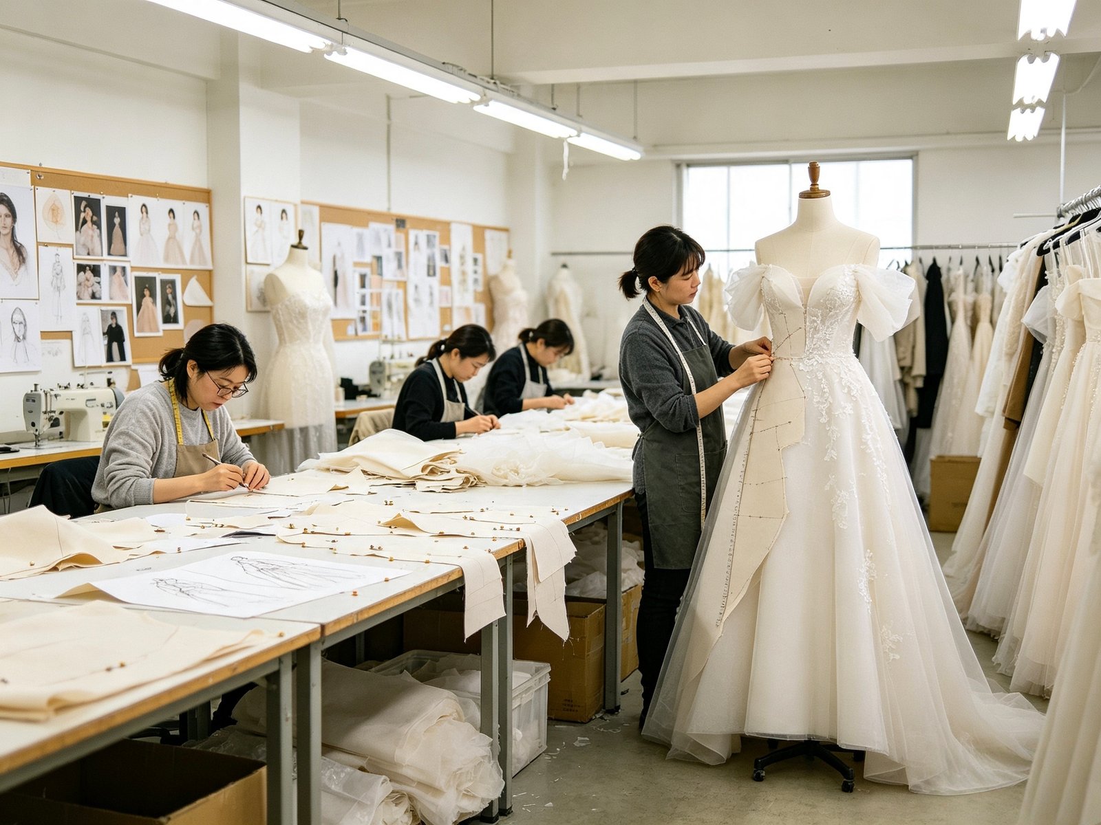 OEM bridal wedding dress development from sketch to sample for independent boutique brand