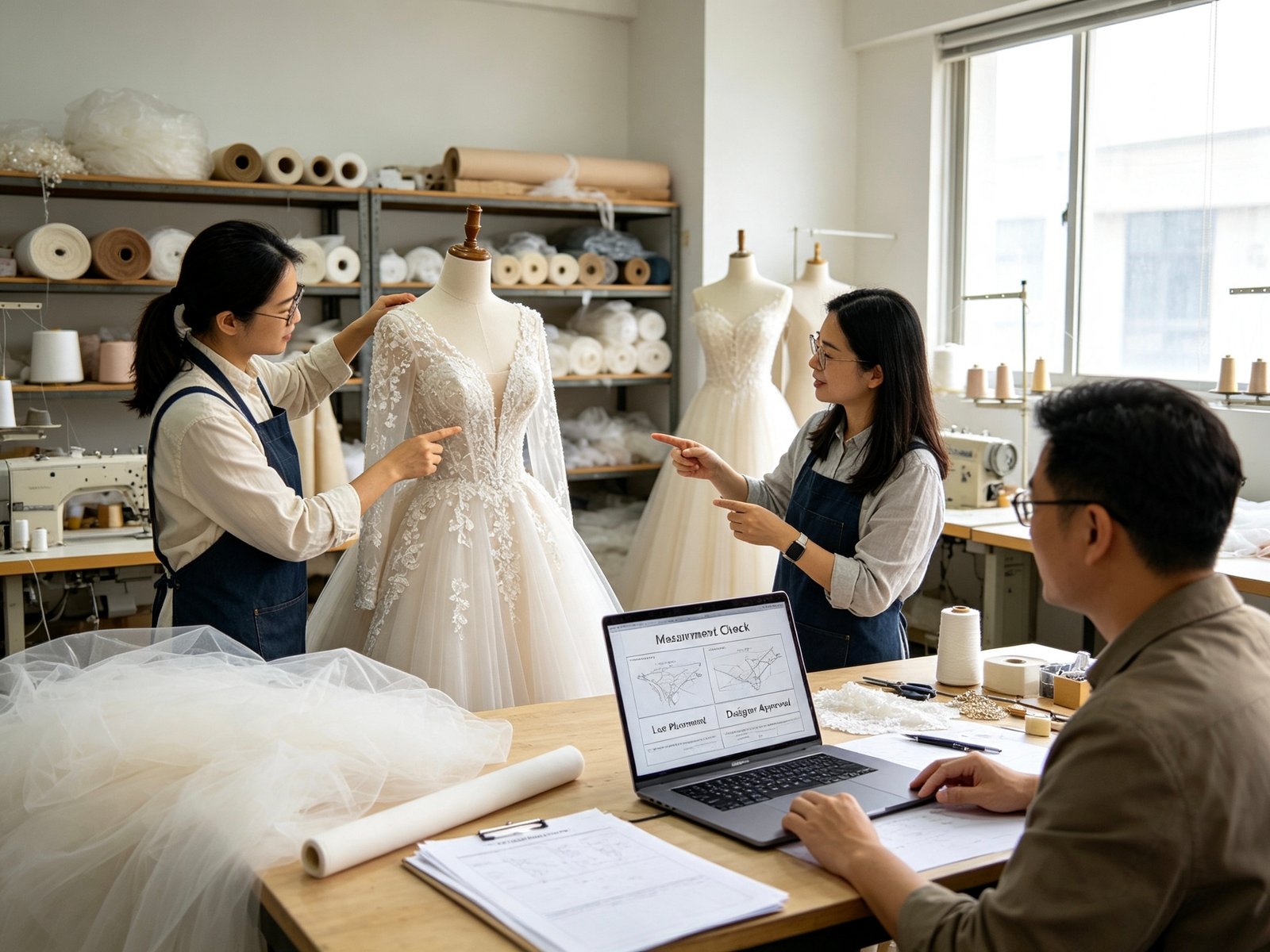 Remote quality control process for small batch wedding dress production China designer approval